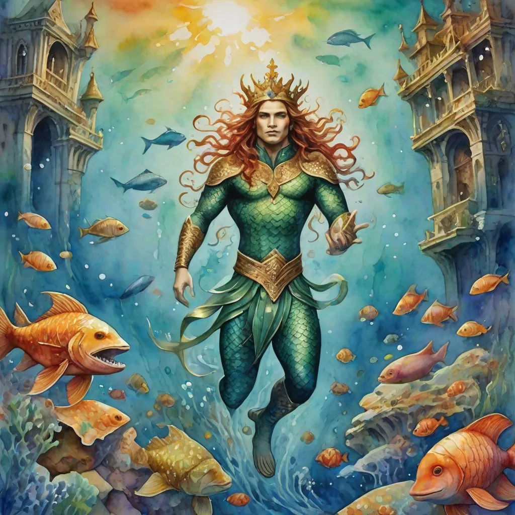 a painting of a mermaid with a crown on her head and a fish in the water below her, surrounded by fish, poster art, Donato Giancola, fantasy art, official art