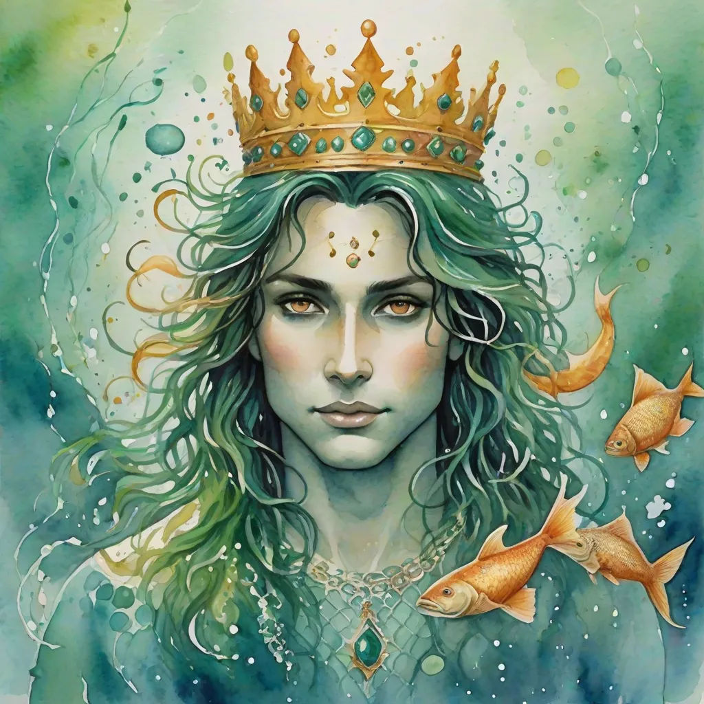 a painting of a woman with a crown on her head and gold fish around her neck, and a fish in her hair, a character portrait, Daniel Merriam, fantasy art, masculine
