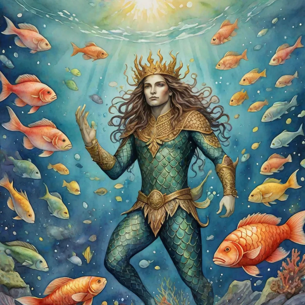 a painting of a woman in a mermaid costume surrounded by fish and fishlings, with a sun above her head, a storybook illustration, Donato Giancola, fantasy art, fantasy artwork