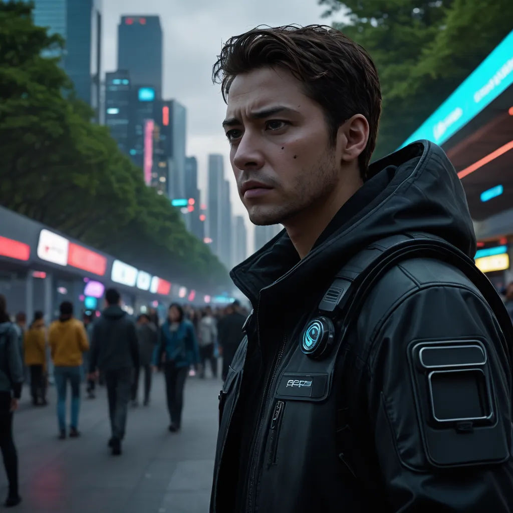 a man in a black jacket is standing on a street corner with a city in the background and people walking on the sidewalk, futurism, a character portrait, David Park, promotional image