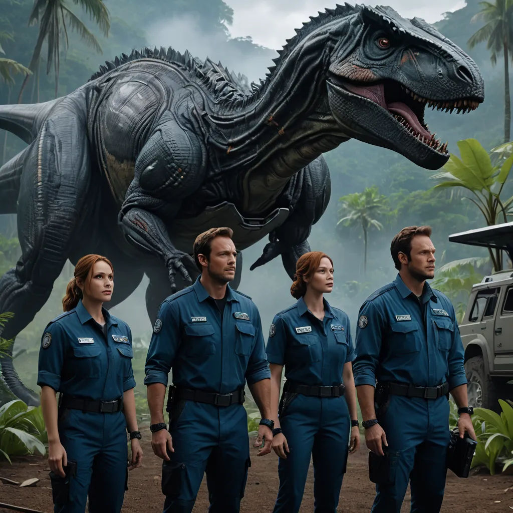 a group of people standing next to a dinosaur in a forest with a truck in the background and a man in uniform, neo-primitivism, a poster, Adam Rex, vfx