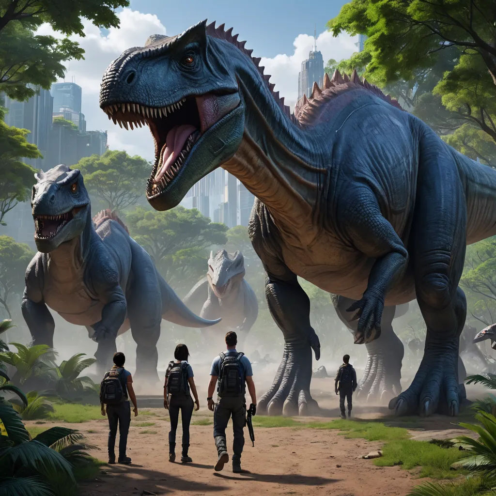 a group of people standing next to a large dinosaur in a forest with other dinosaurs in the background and a city in the background, sots art, concept art, Adam Rex, rossdraws global illumination