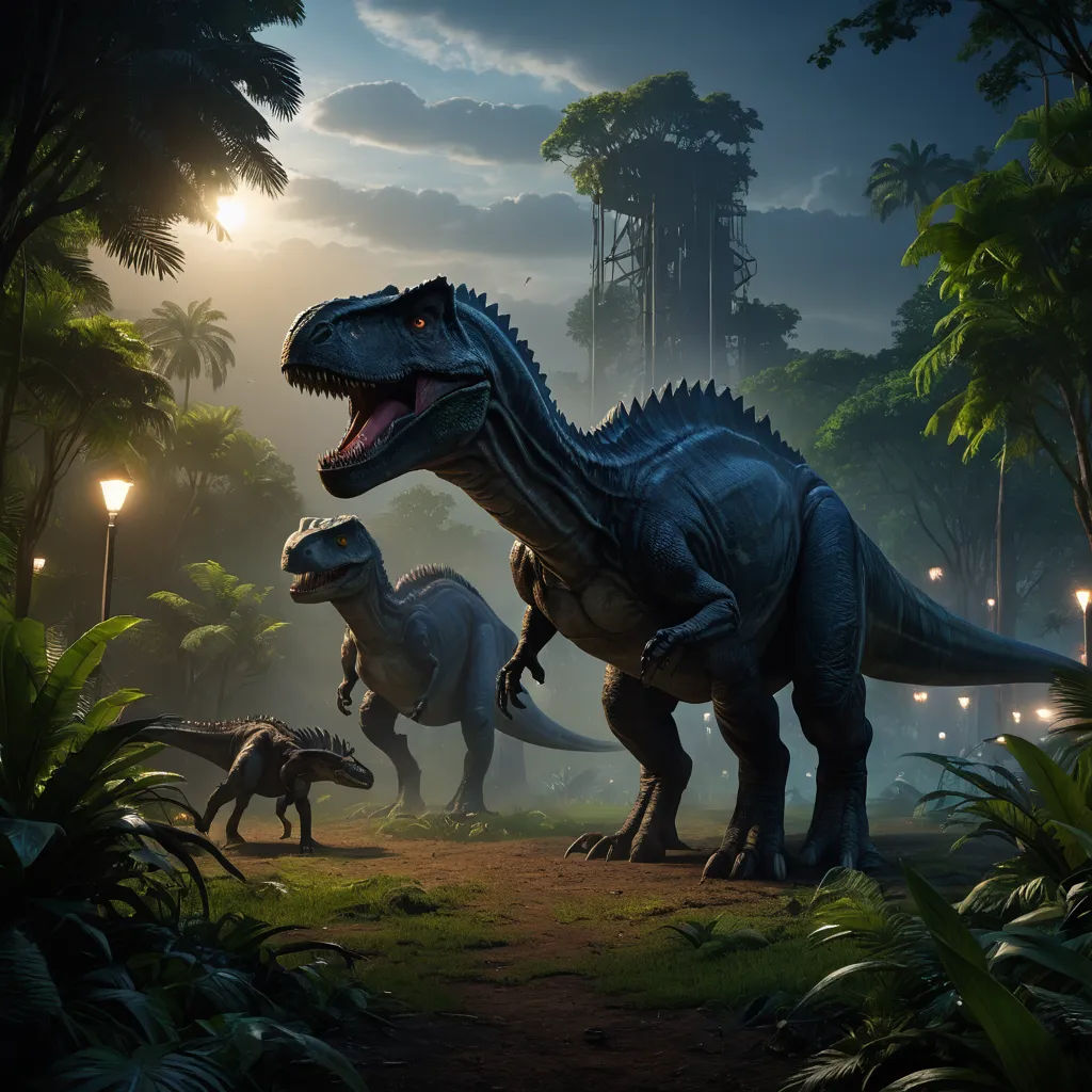 a group of dinosaurs in a jungle with a light on behind them and trees in the background with lights on, photorealism, concept art, Chris LaBrooy, promotional image