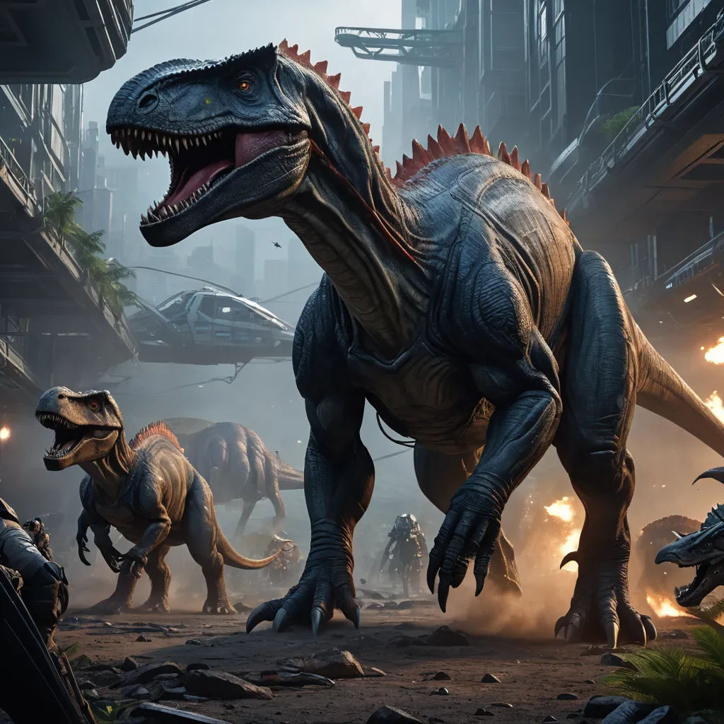 a group of dinosaurs in a city with a fire in the background and a man in a suit standing in front of them, photorealism, concept art, Adam Rex, unreal 5
