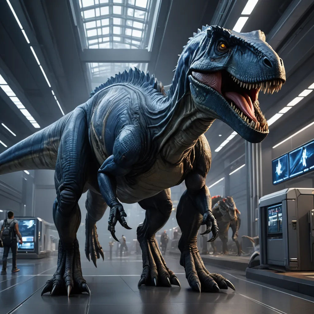 a large dinosaur in a museum with people looking on from the other side of the room and a large window, photorealism, computer graphics, Adam Rex, unreal 5