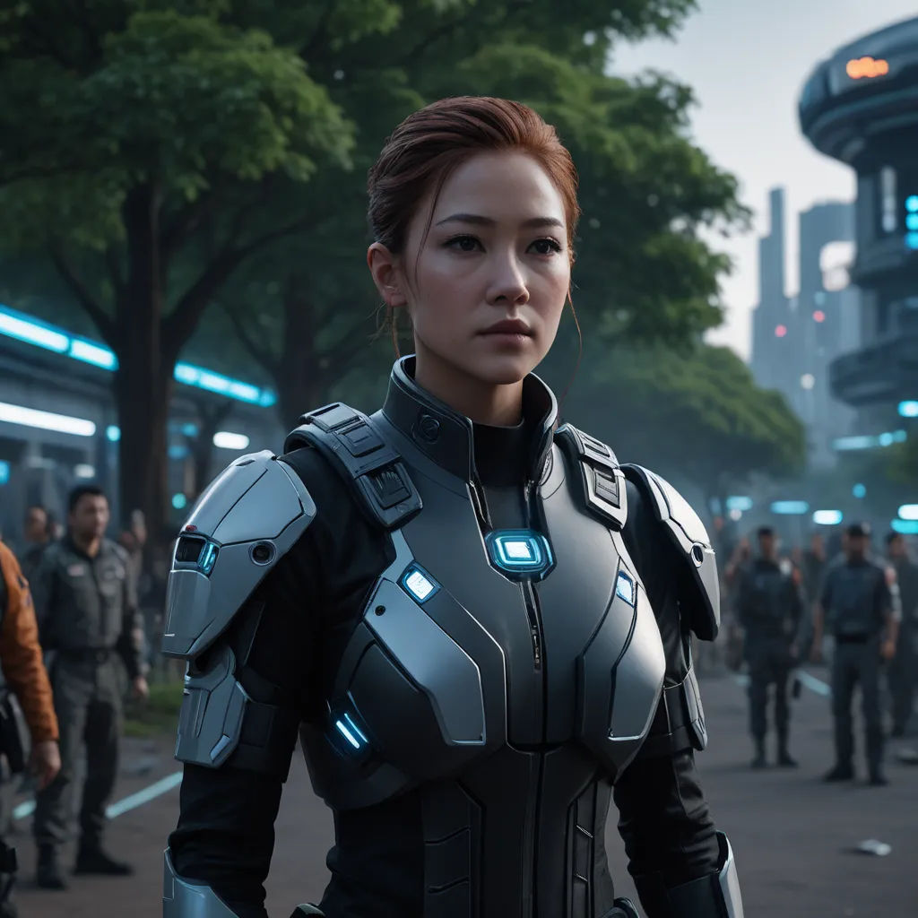 a woman in a futuristic suit standing in front of a crowd of people in a city street at night, neo-figurative, a character portrait, Eve Ryder, unreal 5