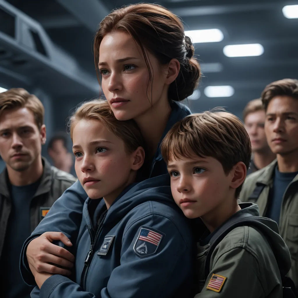 a woman and two boys are hugging in a group of other people in a building with lights on the ceiling, antipodeans, a renaissance painting, Eve Ryder, vfx