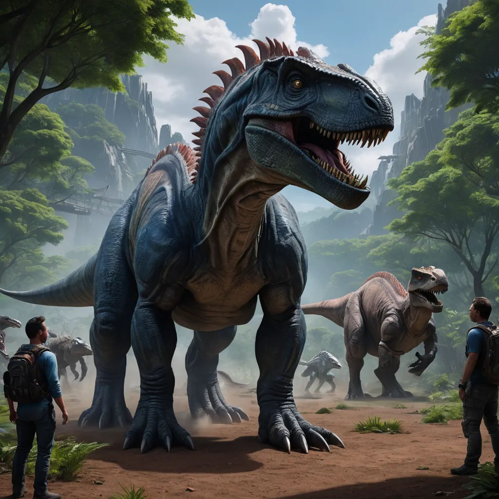 a group of people standing around a dinosaur in a forest with other dinosaurs in the background and a man standing next to a dinosaur, sots art, concept art, Adam Rex, rossdraws global illumination