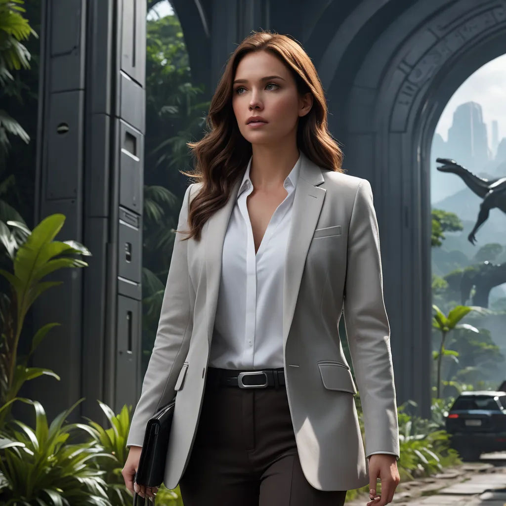 a woman in a suit walking through a jungle with a dinosaur in the background and a man in a suit behind her, photorealism, a detailed matte painting, Aleksi Briclot, vfx