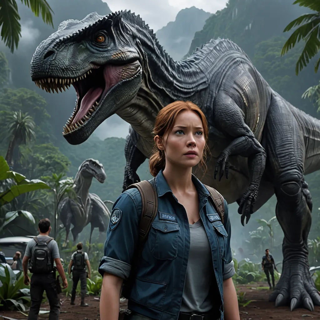 a woman standing next to a dinosaur in a jungle setting with other people in the background and a man in a blue shirt, neo-primitivism, a poster, Adam Rex, vfx