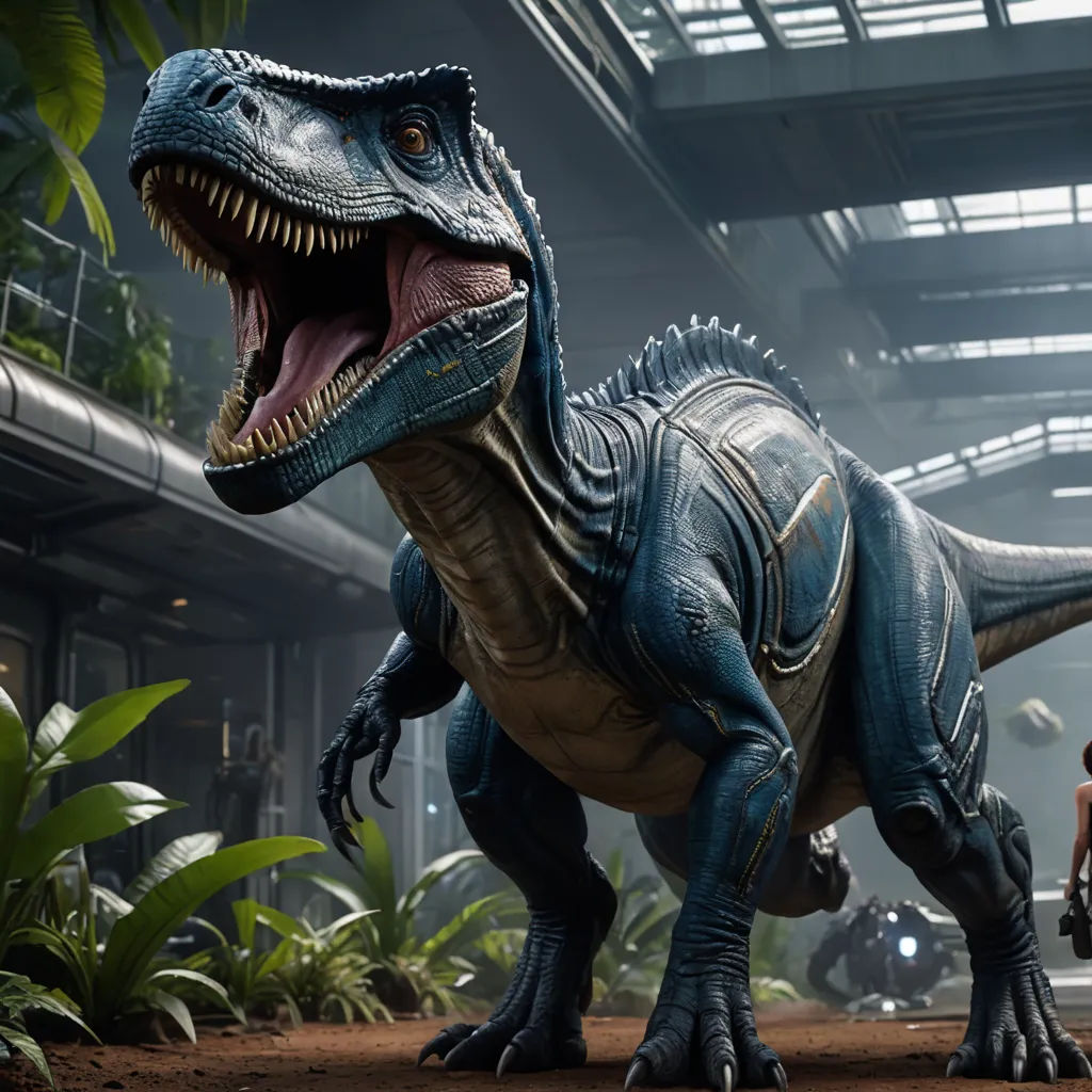 a dinosaur with a man standing next to it in a building with a woman standing next to it and a man in a suit, photorealism, computer graphics, Adam Rex, unreal 5