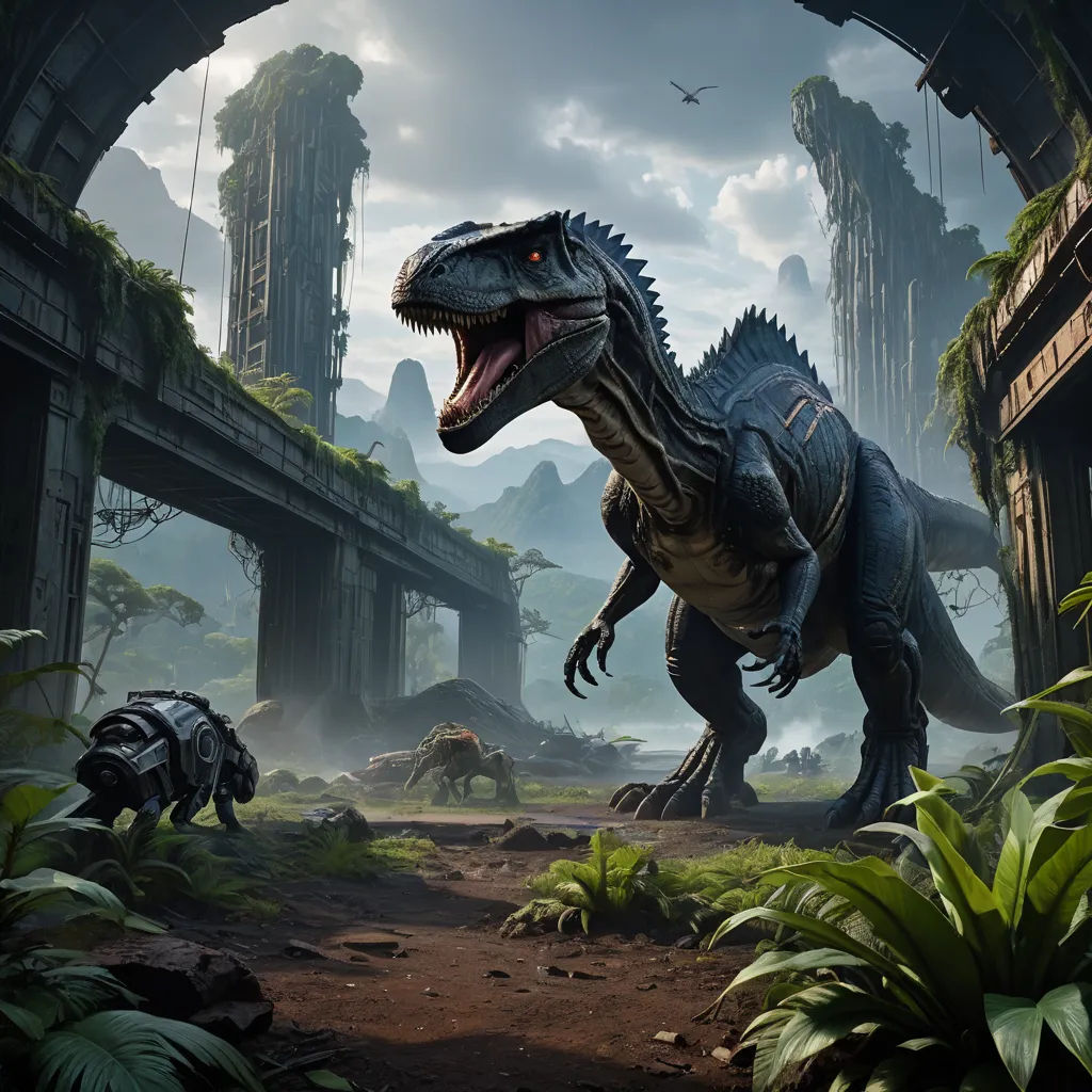 a dinosaur in a jungle with a man in the background looking at it's surroundings in the distance, sots art, concept art, Chris LaBrooy, unreal 5
