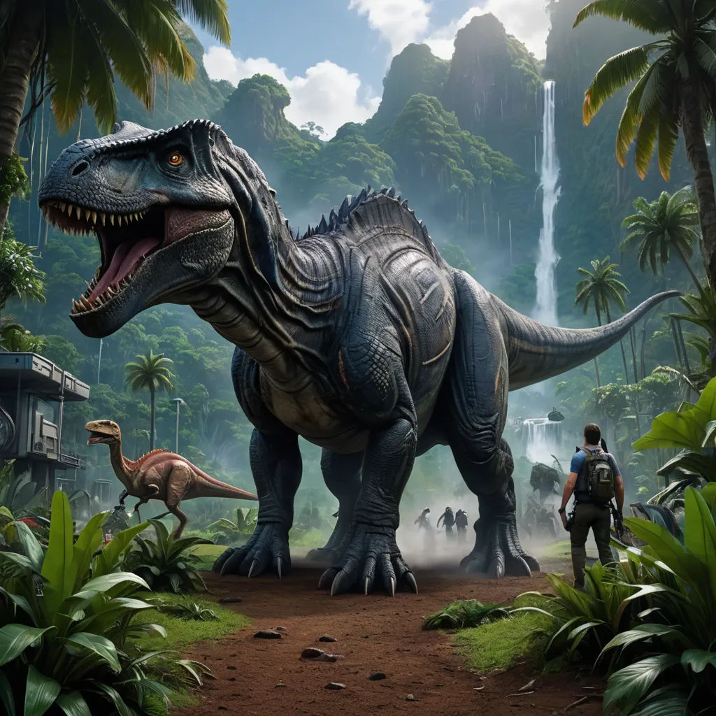a man standing next to a dinosaur in a jungle with a waterfall in the background and a man standing next to a dinosaur, sots art, concept art, Adam Rex, key art