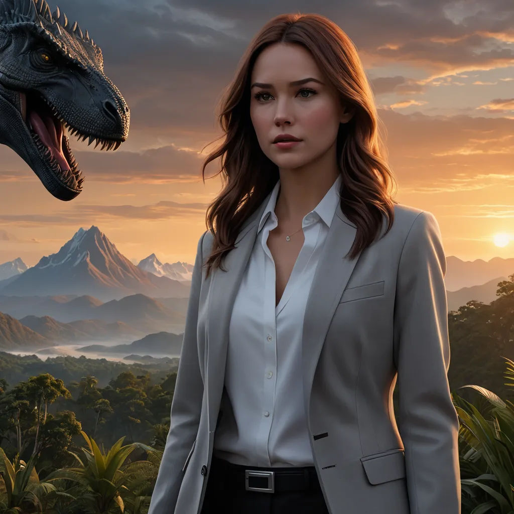 a woman in a suit standing next to a dinosaur in a jungle at sunset with a mountain in the background, photorealism, a hyperrealistic painting, Adam Rex, key art