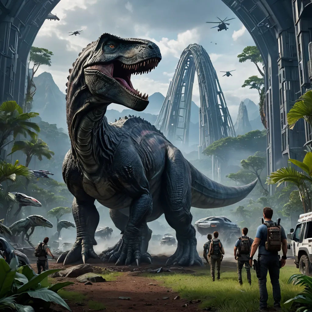 a dinosaur in a jungle with a group of people walking by it and a car in the background with a bridge in the background, photorealism, concept art, Chris LaBrooy, key art