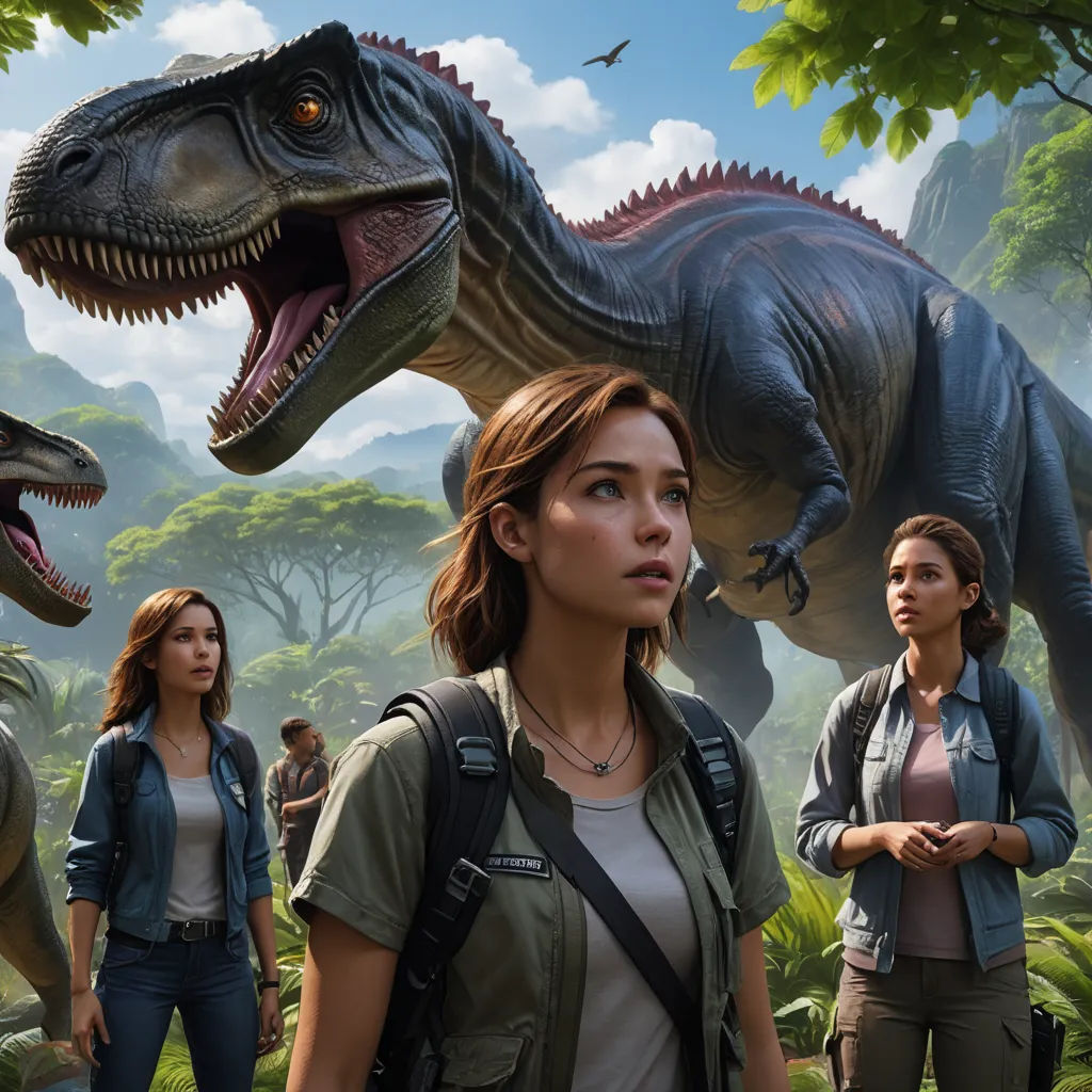 a group of people standing in front of a dinosaur in a forest with other people standing around them and a dinosaur, photorealism, concept art, Adam Rex, key art