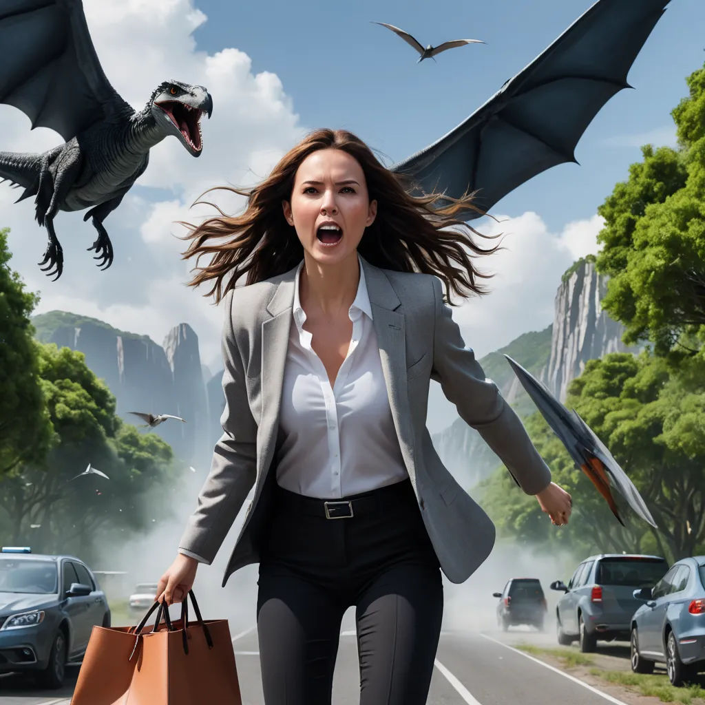 a woman in a business suit is running with a bag and a dragon flying over her head in the background, fantasy art, a stock photo, Adam Rex, ultra realistic digital art