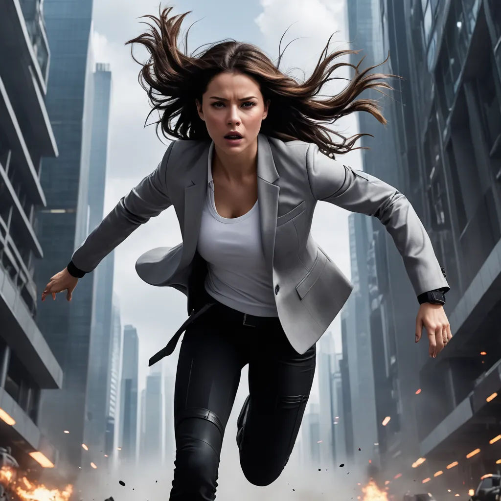 a woman running through a city with a lot of fire in her hair and a blazer on her head, panfuturism, poster art, Avgust Černigoj, promotional image