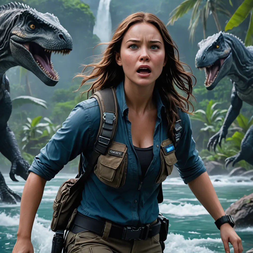 a woman in a blue shirt and a dinosaur in the background with a gun in her hand and a man in a suit, altermodern, poster art, Adam Rex, vfx