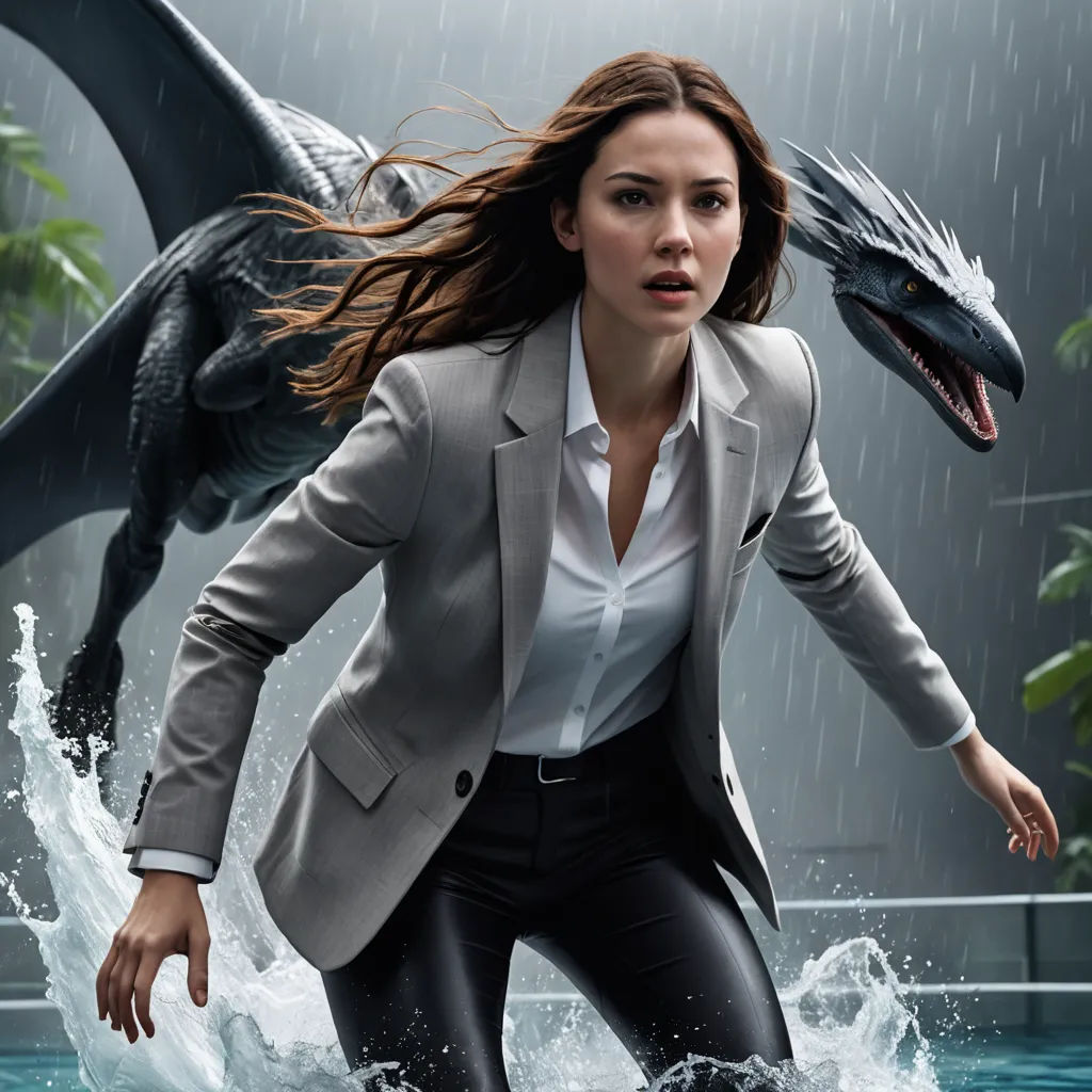 a woman in a suit is running in the water with a dragon behind her and a building in the background, photorealism, a poster, Abidin Dino, promotional image