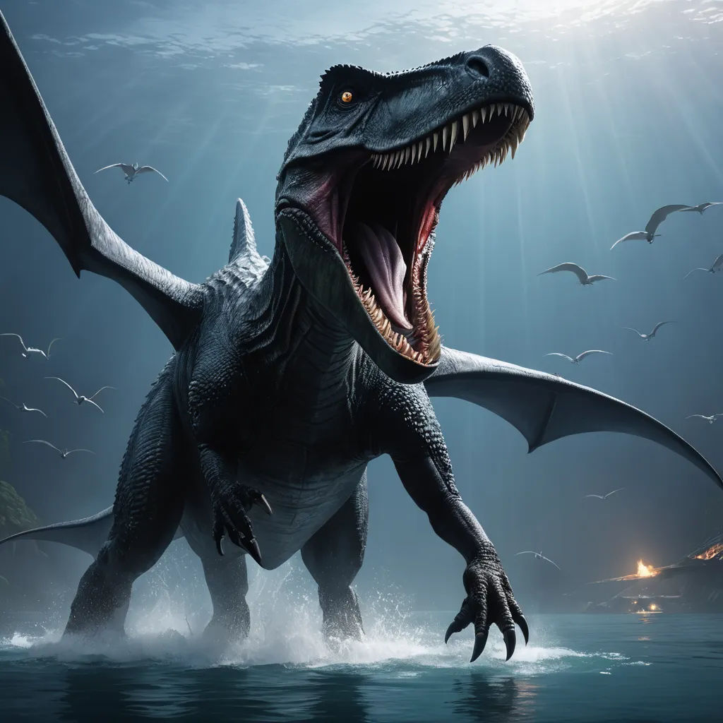 a dinosaur with its mouth open and its mouth wide open, standing in the water with seagulls flying around, photorealism, concept art, Adam Rex, cryengine