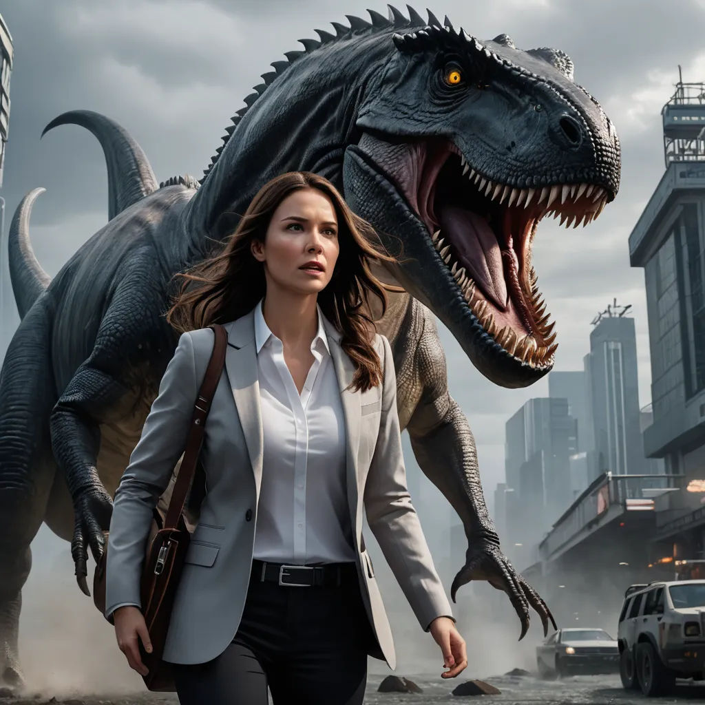 a woman walking next to a dinosaur in a city street with a car in the background and a man in a suit walking behind her, photorealism, poster art, Adam Rex, vfx