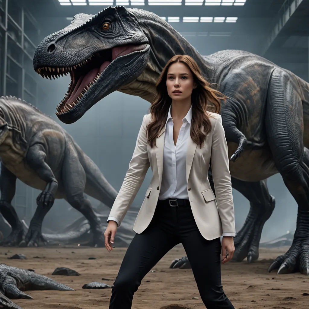 a woman in a suit standing in front of a dinosaur in a museum setting with a t - shirt and pants, arbeitsrat für kunst, a poster, Adam Rex, promotional image