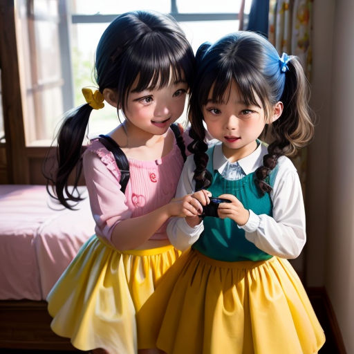 two young girls standing next to each other in a room with a bed and window behind them, both wearing dresses