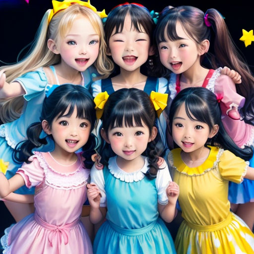 a group of young girls standing next to each other in dresses and bows on their heads and smiling at the camera
