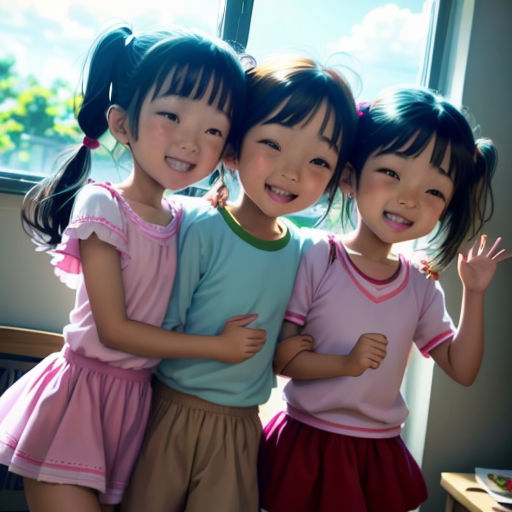 three little girls standing next to each other in front of a window with a sky background and a window sill