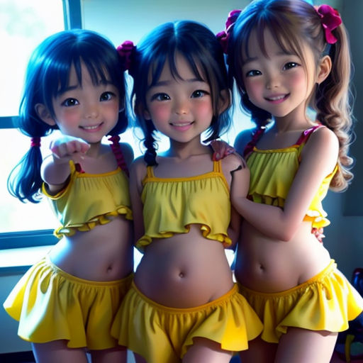 three young girls in yellow outfits posing for a picture together in front of a window with a window sill