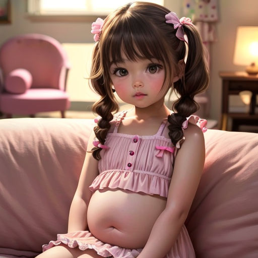 a very cute little girl sitting on a couch with her big breast exposed and a pink dress on her