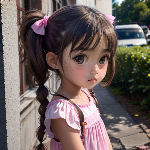 a little girl with a ponytail standing on a sidewalk next to a building with a car parked in the background