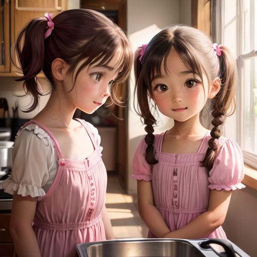 two little girls standing next to each other in a kitchen next to a pan of food on a stove