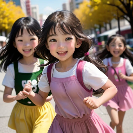 three young girls are running down the street together, one is wearing a pink dress and the other is a green and white shirt