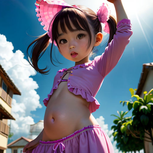 a young girl in a pink dress and a pink umbrella is posing for a picture in the sun with her hands up