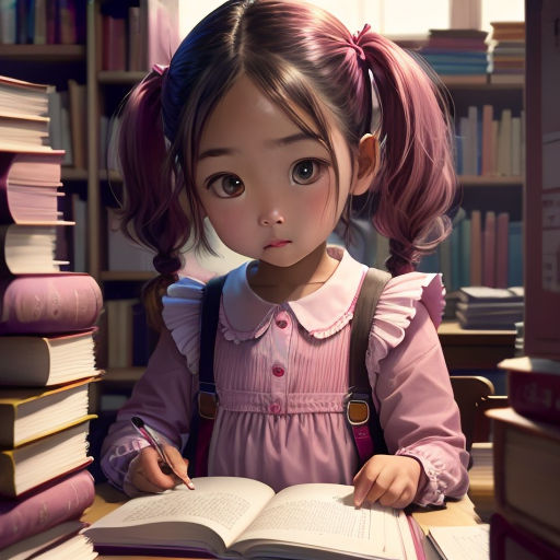 a little girl sitting at a desk with a book in front of her and a pile of books behind her