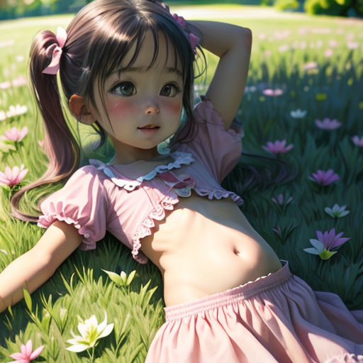 a painting of a girl laying in a field of flowers with her hair in a ponytail and a pink dress