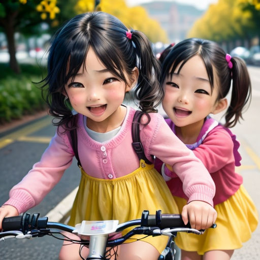 two little girls riding a bike together on the street together, both smiling and laughing, with their arms around each other