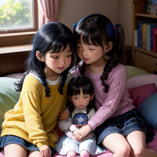 three girls sitting on a bed with a window behind them and a bookcase behind them with books on it