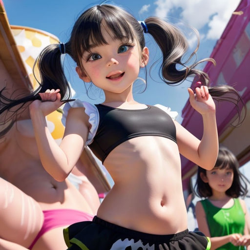 a cartoon girl in a bikini posing for a picture with other girls in the background and a sign in the background