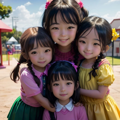 a group of young girls standing next to each other in a park area with a playground in the background