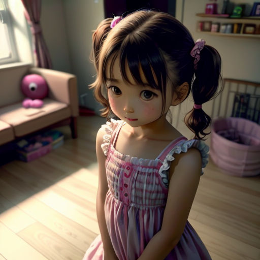 a little girl in a pink dress standing in a room with a pink couch and a pink chair and a window