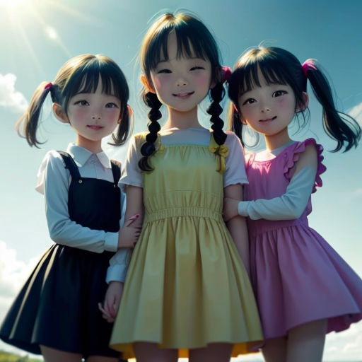 three little girls standing next to each other in front of a blue sky and clouds with the sun shining