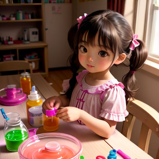 a little girl sitting at a table with a bowl of liquid and bottles of glue on it and a spoon