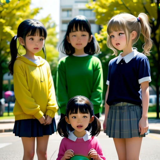 a group of young girls standing next to each other on a street corner with a green frisbee