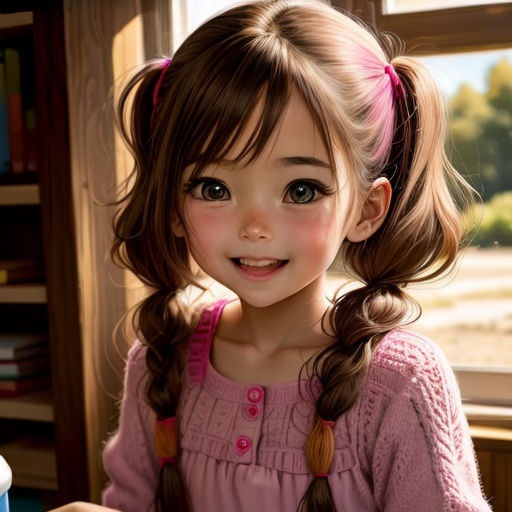 a little girl with a ponytail sitting at a table with a plate of food in front of her and a cup of coffee