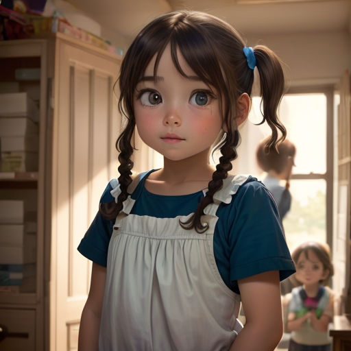 a little girl with a ponytail standing in a kitchen with a doll in the background and a doll in the foreground