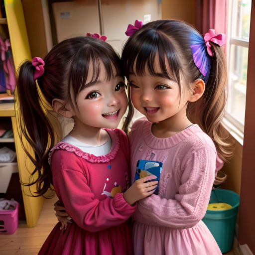 two little girls standing next to each other in a room with a window and a toy car in front of them