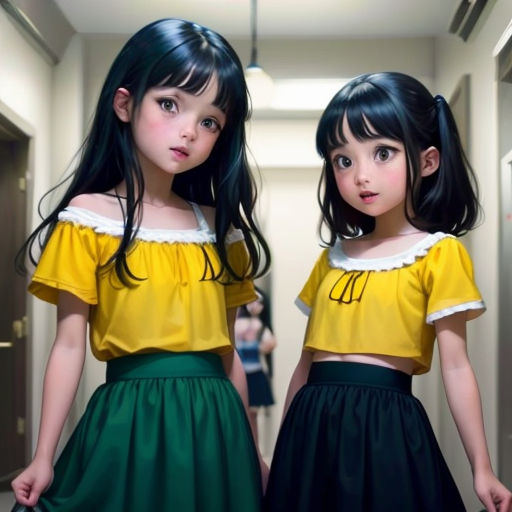 two young girls in dresses standing in a hallway together, one of them is wearing a yellow top and the other is green